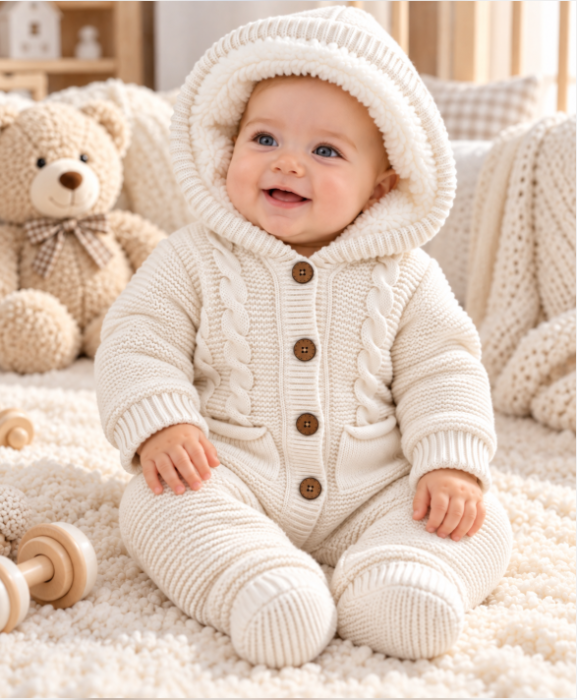 Combinezon tricotat, pentru bebe, Imblanit integral, Alb cu buzunare [2]