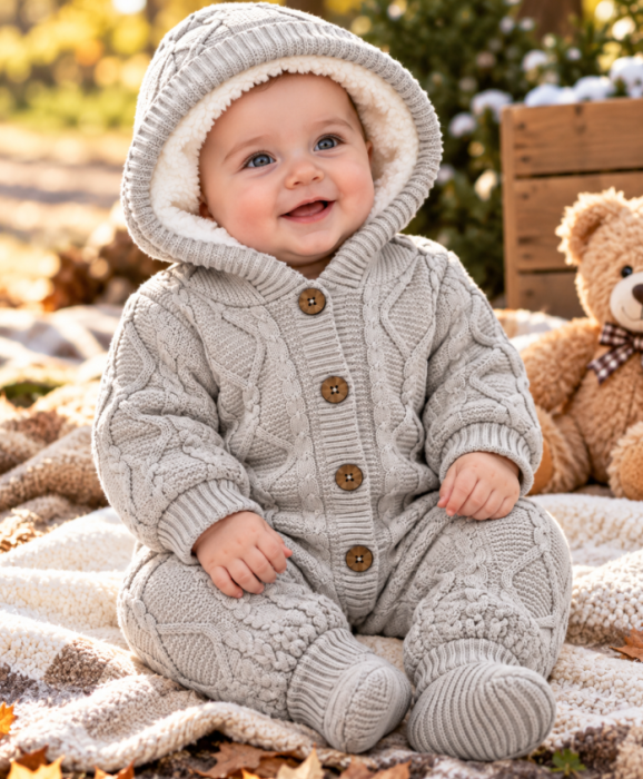 Combinezon tricotat, pentru bebe, Imblanit integral, Bej [2]