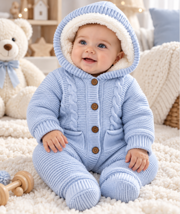 Combinezon tricotat, pentru bebe, Imblanit integral, Bleu cu buzunare [2]