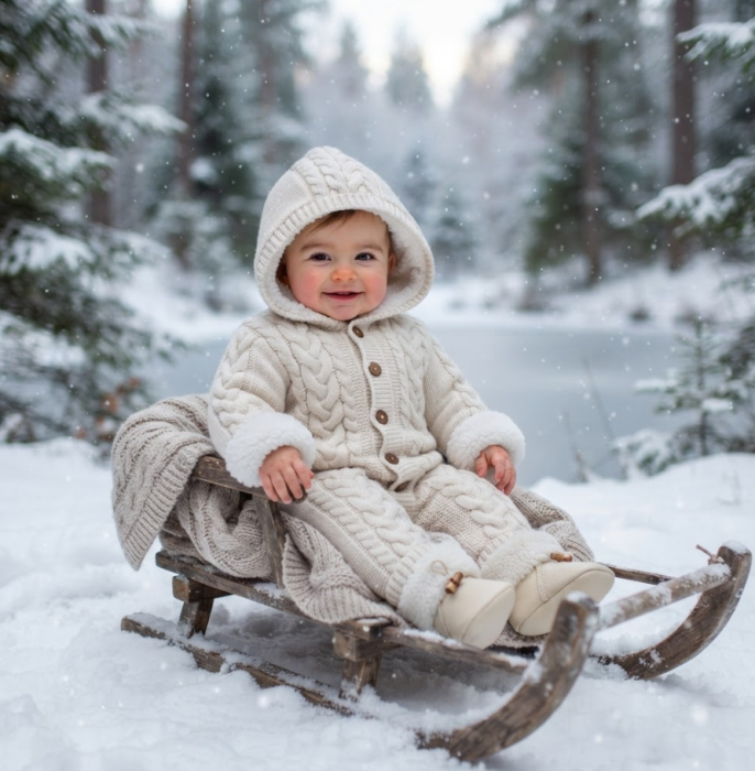 Combinezon tricotat, pentru bebe, Imblanit integral, Ivoire [2]