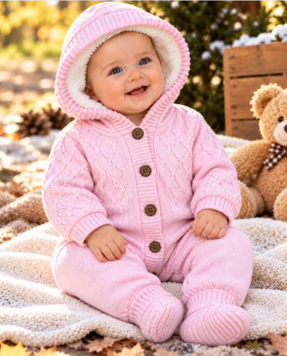 Combinezon tricotat, pentru bebe, Imblanit integral, Roz [2]