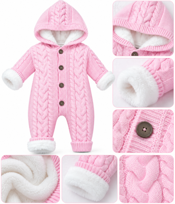 Combinezon tricotat, pentru bebe, Imblanit integral, roz [3]
