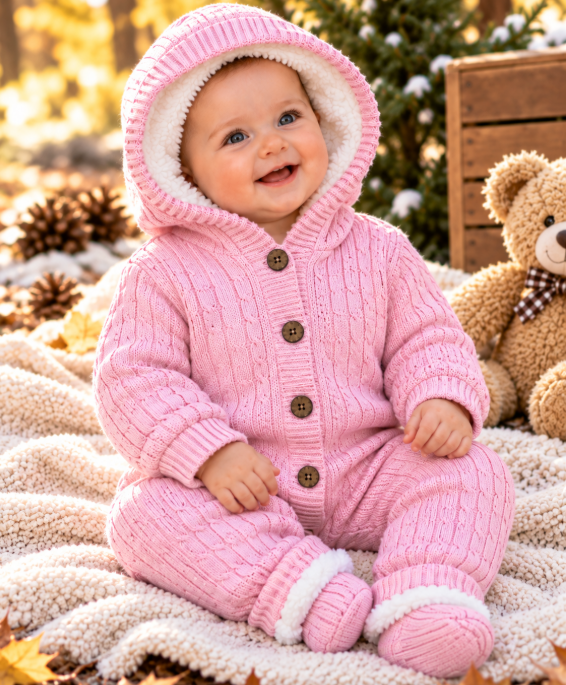 Combinezon tricotat, pentru bebe, Imblanit integral, Roz aprins [2]