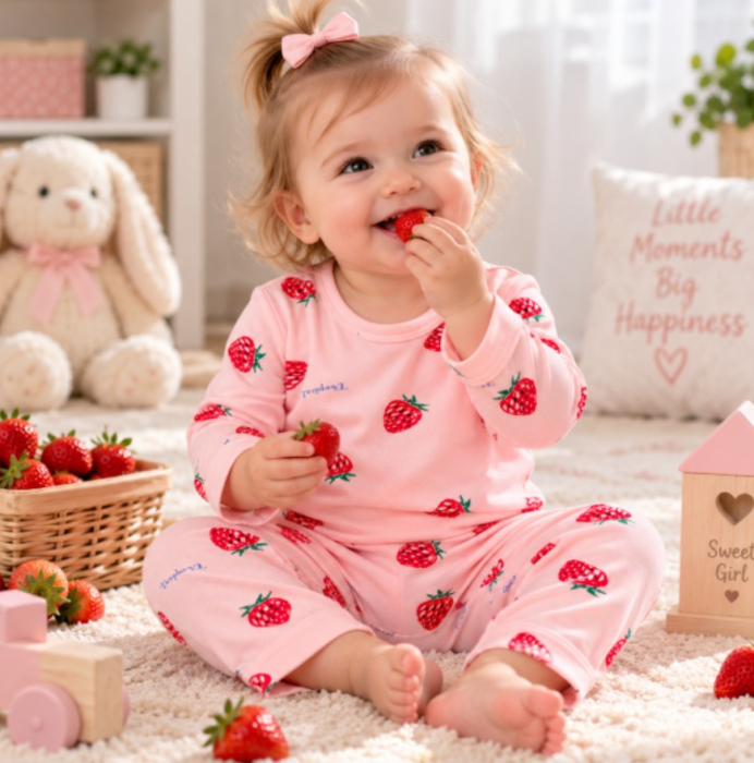 Compleu 2 piese, pentru copii, tip pijama, din bumbac 100%, Capsunica [2]