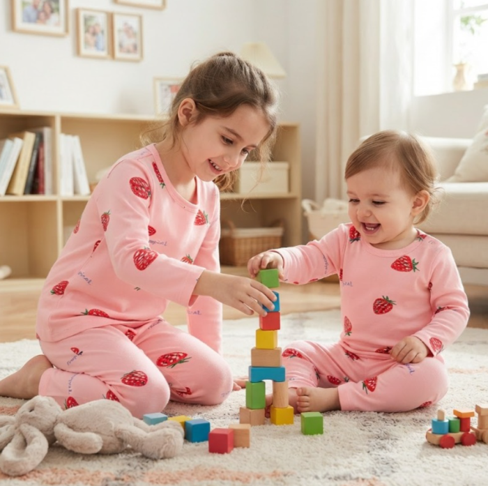Compleu 2 piese, pentru copii, tip pijama, din bumbac 100%, Capsunica [3]