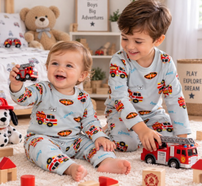 Compleu 2 piese, pentru copii, tip pijama, din bumbac 100%, Micul pompier [2]