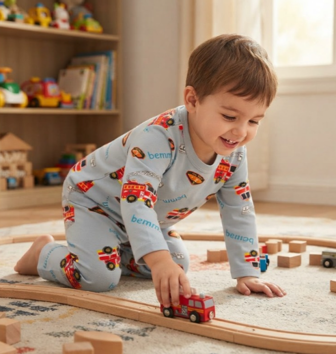 Compleu 2 piese, pentru copii, tip pijama, din bumbac 100%, Micul pompier [3]