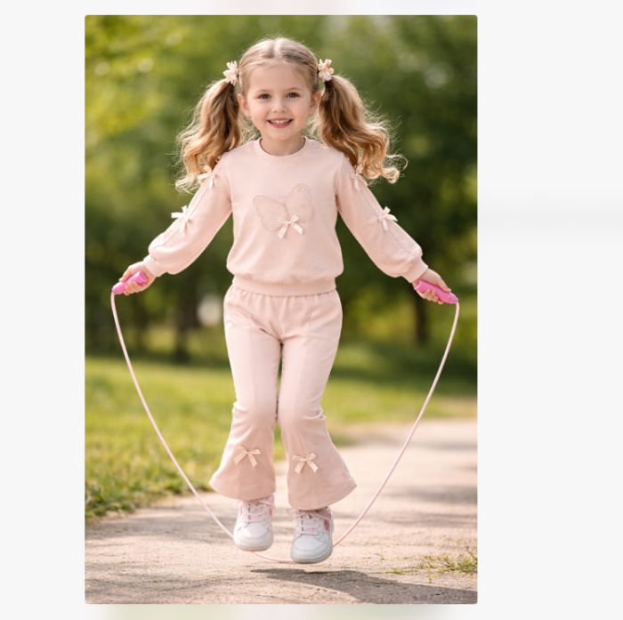 Compleu 2 piese, pentru fete, cu fluturas, Roz prafuit [2]