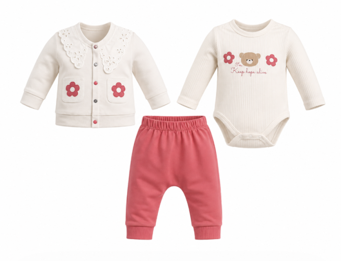 Compleu 3 piese, cu body, Dantelat la revere, roz [2]