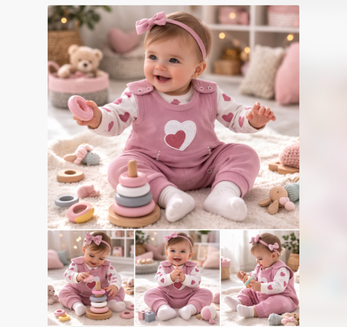 Compleu 3 piese, roz cu inimioare, salopeta, body si ciorapei [2]