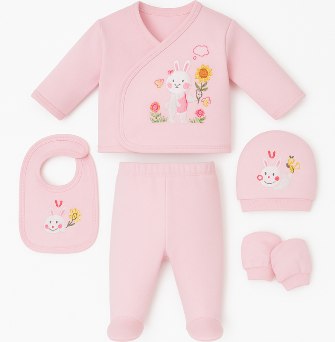 Compleu 5 piese, 0-3 luni, model animalute vesele, roz [1]