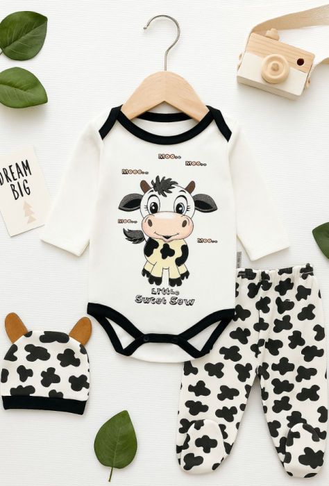 Compleu bebe cu caciulita, pantaloni si body, model vacuta [1]