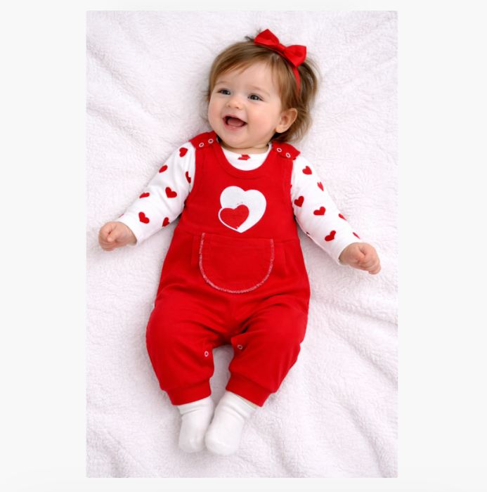 Compleu 3 piese, roșu cu inimioare, salopeta, body si ciorapei [2]