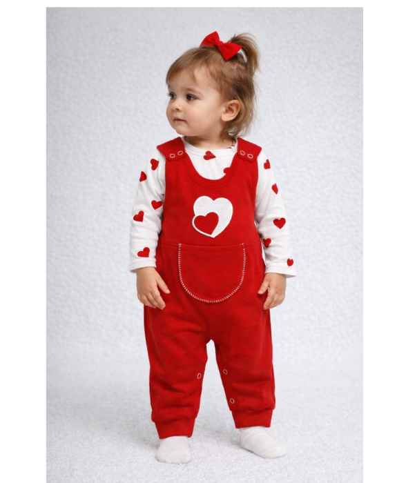 Compleu 3 piese, roșu cu inimioare, salopeta, body si ciorapei [4]