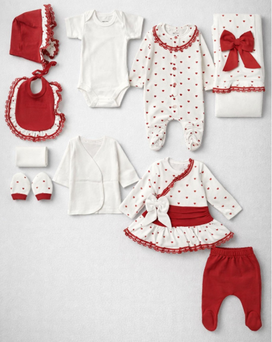 Compleu nou-nascuti fetite 10 piese, bumbac 100%, Inimioare, model cu broderie, 0-3 luni [2]