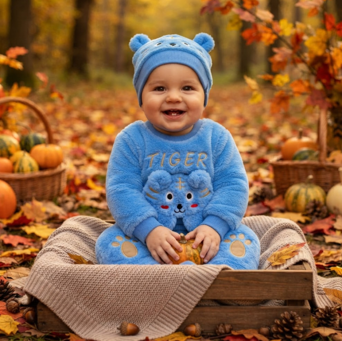 Costum bebe din 2 piese din material pufos – Bluziță și pantaloni cu model tigrișor, Albastru [2]