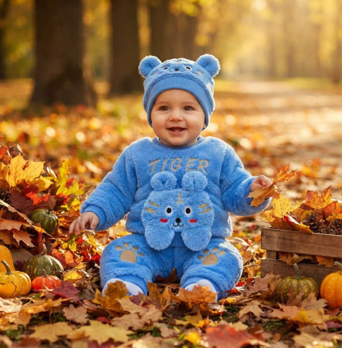 Costum bebe din 2 piese din material pufos – Bluziță și pantaloni cu model tigrișor, Albastru [3]