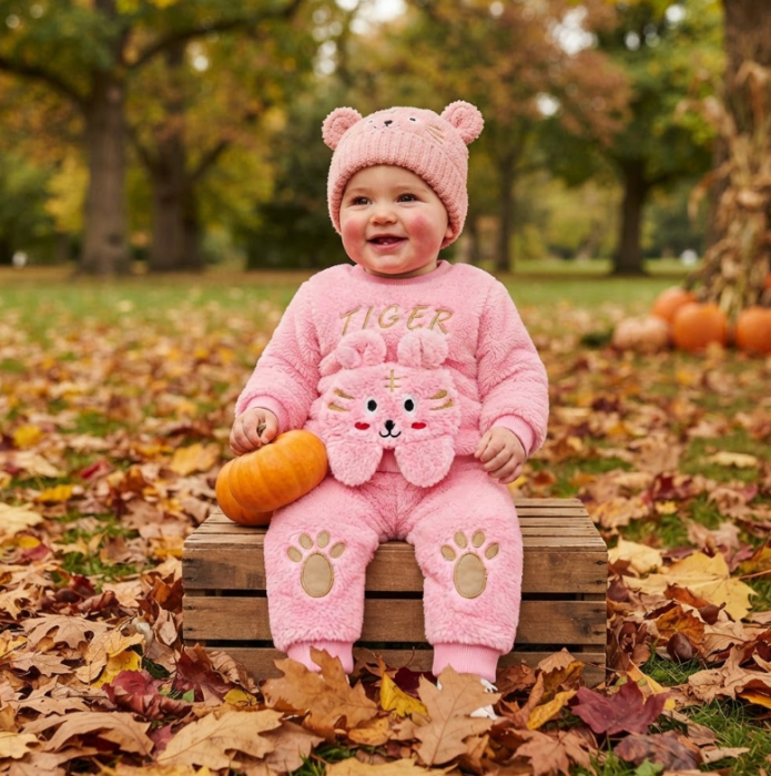 Costum bebe din 2 piese din material pufos – Bluziță și pantaloni cu model tigrișor, Roz [2]