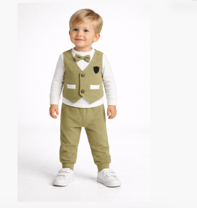 Costum elegant băieți cu vestă și papion, verde olive [2]