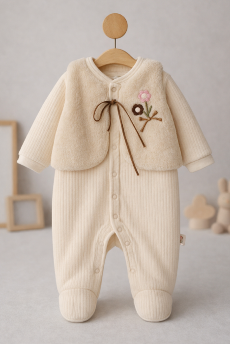 Costumas bebe, 2 piese, cu vestuta, bej [2]