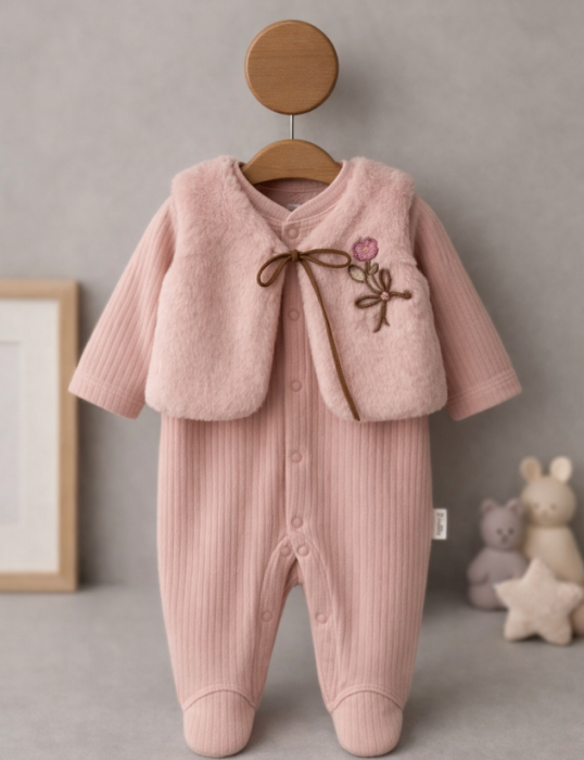 Costumas bebe, 2 piese, cu vestuta, roz pudra [2]