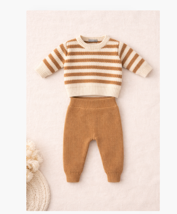 Costumas bebe, 2 piese, tricotat, maro si bej [2]