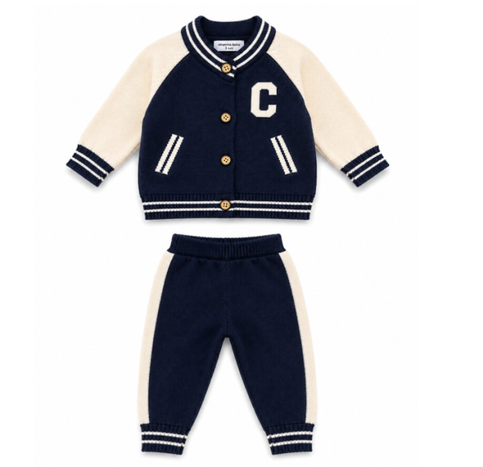Costumaș tricotat 2 piese pentru bebeluși, American Boy, Bleumarin [3]