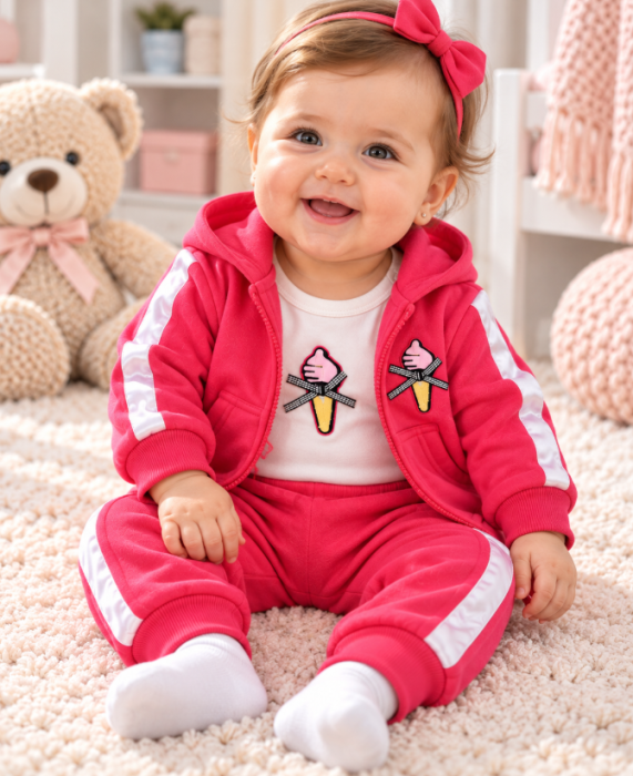 Costumaș vătuit pentru bebe, 3 piese, cu body cu mânecă lungă, Ice Cream [4]