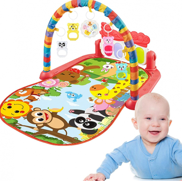Covoras de joaca bebelusi cu pian si jucarii senzoriale, rosu [3]