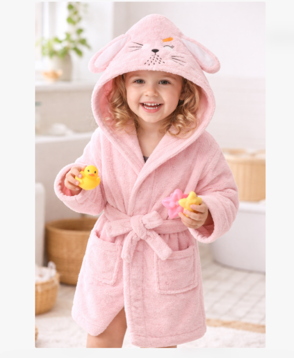 Halat de baie pentru copii cu glugă iepuraș, Super absorbant, roz [2]
