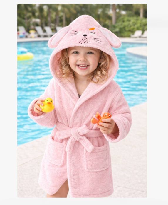 Halat de baie pentru copii cu glugă iepuraș, Super absorbant, roz [3]