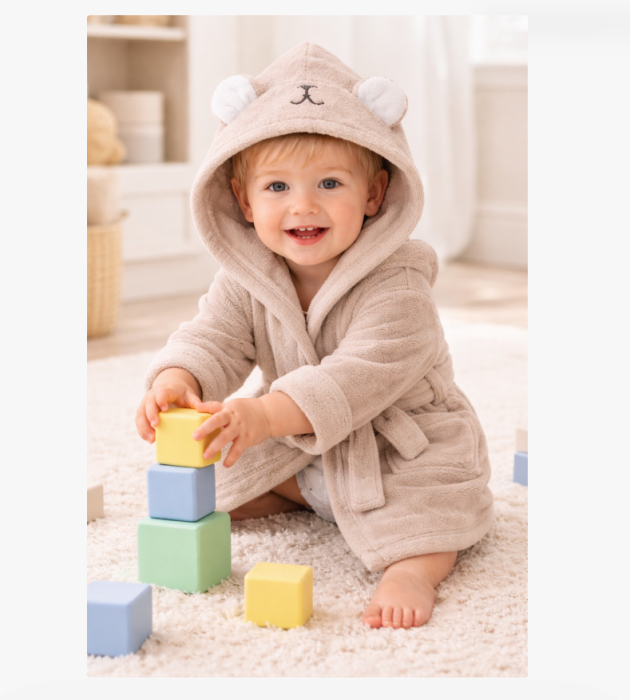 Halat de baie pentru copii cu glugă, Super absorbant, Bej [2]