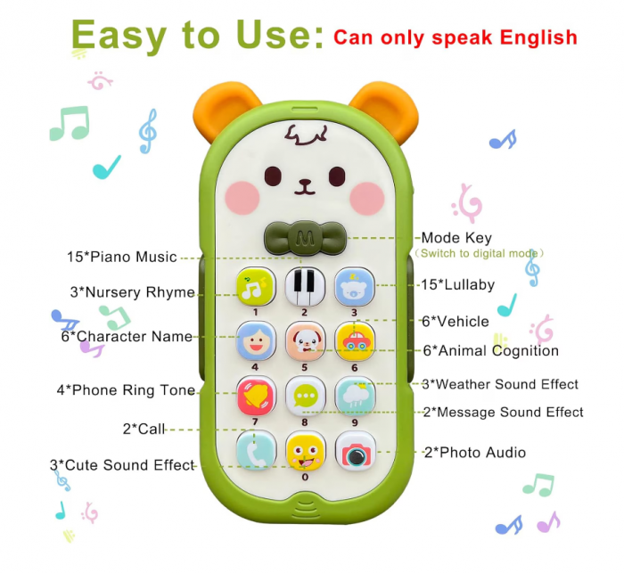 Jucarie Interactiva tip Telefon, model de ursulet, cu sunete si lumini, Parti din silicon pentru dentitie [5]