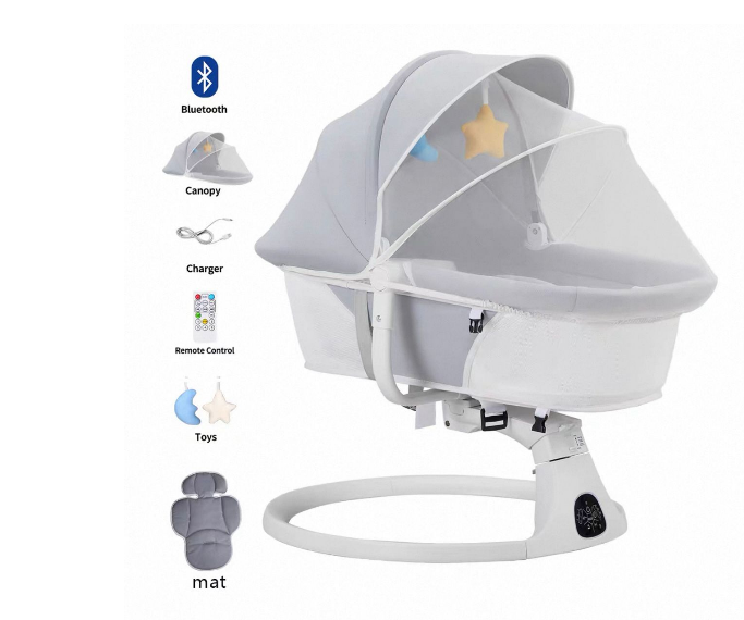 Leagan Electric, Balansoar si patut pentru bebelusi , 3 Trepte Balans, Muzical, Conexiune Bluetooth, Telecomanda, Jucarii de Plus, Cu Acoperis Rabatabil si Plasa insecte [12]