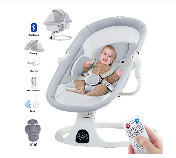 Leagan Electric, Balansoar si patut pentru bebelusi , 3 Trepte Balans, Muzical, Conexiune Bluetooth, Telecomanda, Jucarii de Plus, Cu Acoperis Rabatabil si Plasa insecte [2]