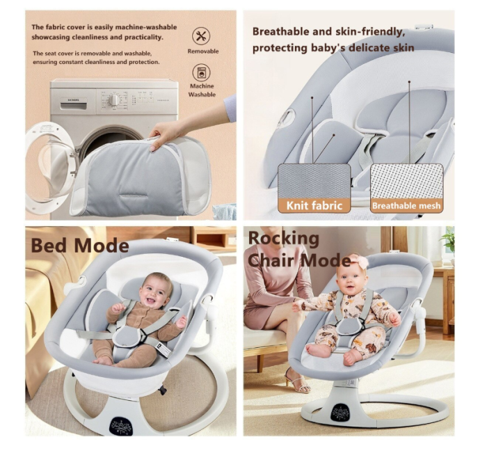 Leagan Electric, Balansoar si patut pentru bebelusi , 3 Trepte Balans, Muzical, Conexiune Bluetooth, Telecomanda, Jucarii de Plus, Cu Acoperis Rabatabil si Plasa insecte [13]