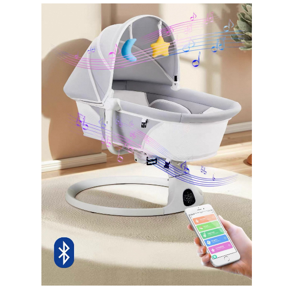 Leagan Electric, Balansoar si patut pentru bebelusi , 3 Trepte Balans, Muzical, Conexiune Bluetooth, Telecomanda, Jucarii de Plus, Cu Acoperis Rabatabil si Plasa insecte [5]