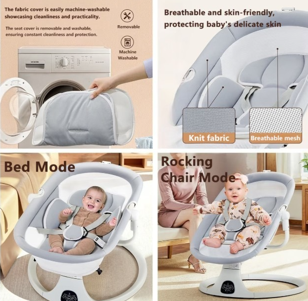 Leagan Electric, Balansoar si patut pentru bebelusi , 3 Trepte Balans, Muzical, Conexiune Bluetooth, Telecomanda, Jucarii de Plus, Cu Acoperis Rabatabil si Plasa insecte [11]