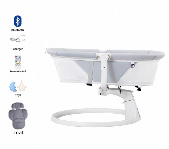 Leagan Electric, Balansoar si patut pentru bebelusi , 3 Trepte Balans, Muzical, Conexiune Bluetooth, Telecomanda, Jucarii de Plus, Cu Acoperis Rabatabil si Plasa insecte,  Gri mat [3]