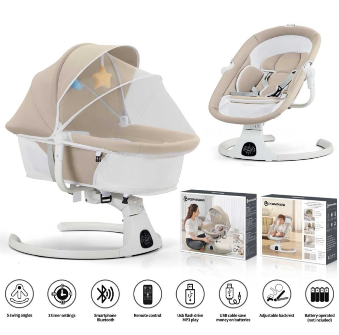 Leagan Electric, Balansoar si patut pentru bebelusi , 3 Trepte Balans, Muzical, Conexiune Bluetooth, Telecomanda, Jucarii de Plus, Cu Acoperis Rabatabil si Plasa insecte, Bej [10]