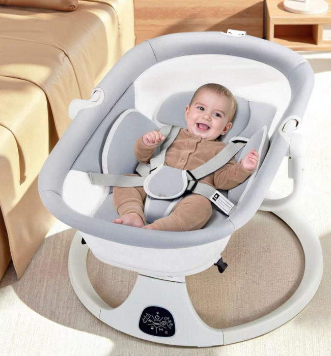 Leagan Electric, Balansoar si patut pentru bebelusi , 3 Trepte Balans, Muzical, Conexiune Bluetooth, Telecomanda, Jucarii de Plus, Cu Acoperis Rabatabil si Plasa insecte,  Gri mat [6]