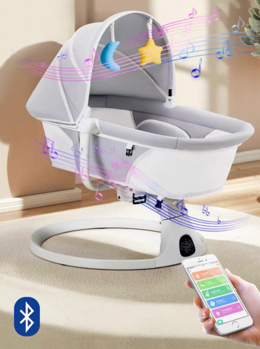Leagan Electric, Balansoar si patut pentru bebelusi , 3 Trepte Balans, Muzical, Conexiune Bluetooth, Telecomanda, Jucarii de Plus, Cu Acoperis Rabatabil si Plasa insecte, Gri deschis [2]