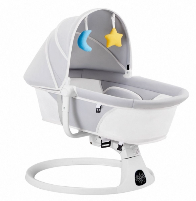 Leagan Electric, Balansoar si patut pentru bebelusi , 3 Trepte Balans, Muzical, Conexiune Bluetooth, Telecomanda, Jucarii de Plus, Cu Acoperis Rabatabil si Plasa insecte, Bej [3]