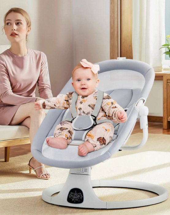 Leagan Electric, Balansoar si patut pentru bebelusi , 3 Trepte Balans, Muzical, Conexiune Bluetooth, Telecomanda, Jucarii de Plus, Cu Acoperis Rabatabil si Plasa insecte, Bej [6]