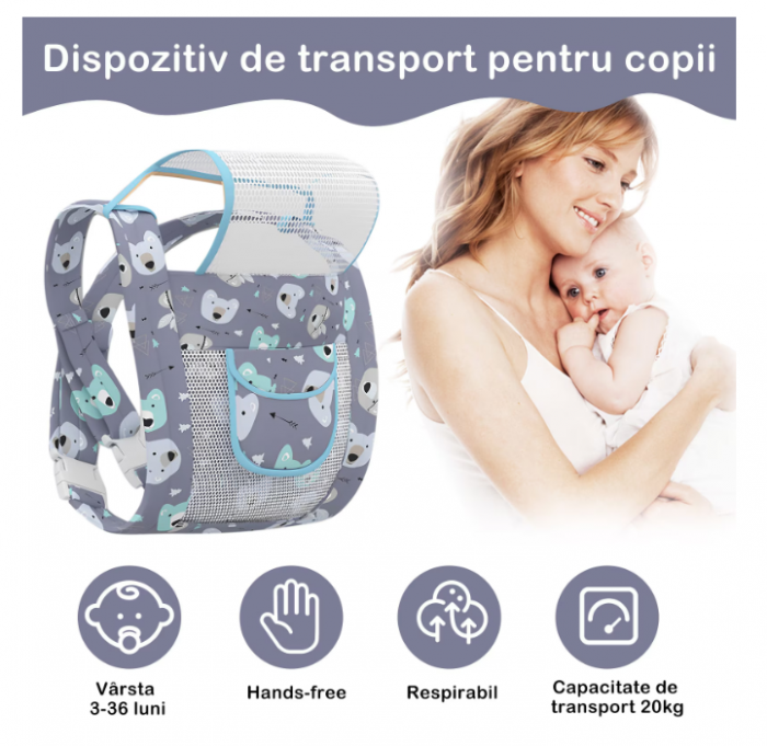 Marsupiu Ergonomic, suporta pana la 20kg, Bumbac, 3-36luni [2]