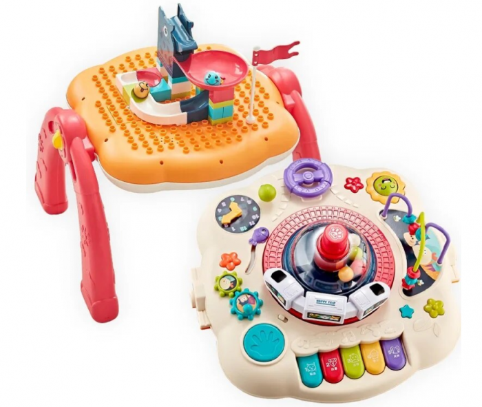 Masuta interactiva, muzicala, 2 in 1, cu 2 fete, centru de activitati pentru copii, pian, volan, labirint, ceas, trenulet si fata cu masa pentru LEGO si 30 piese [2]