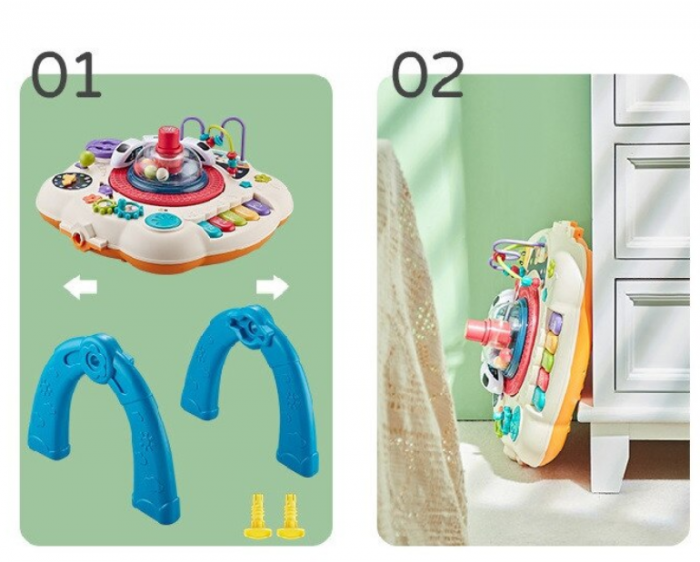 Masuta interactiva, muzicala, 2 in 1, cu 2 fete, centru de activitati pentru copii, pian, volan, labirint, ceas, trenulet si fata cu masa pentru LEGO si 30 piese [5]