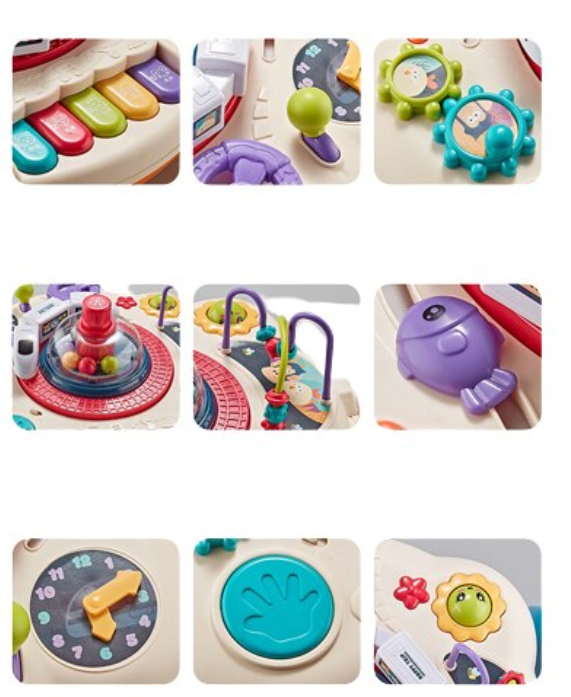 Masuta interactiva, muzicala, 2 in 1, cu 2 fete, centru de activitati pentru copii, pian, volan, labirint, ceas, trenulet si fata cu masa pentru LEGO si 30 piese [2]