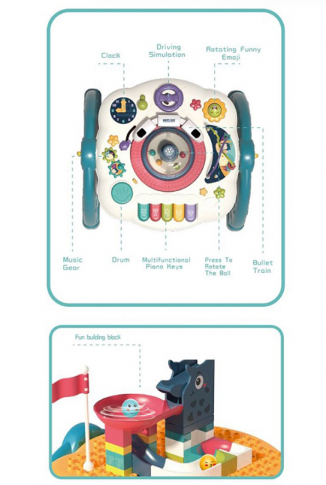 Masuta interactiva, muzicala, 2 in 1, cu 2 fete, centru de activitati pentru copii, pian, volan, labirint, ceas, trenulet si fata cu masa pentru LEGO si 30 piese [8]