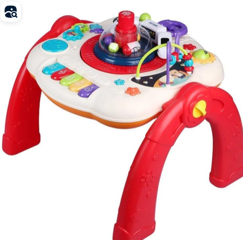 Masuta interactiva, muzicala, 2 in 1, cu 2 fete, centru de activitati pentru copii, pian, volan, labirint, ceas, trenulet si fata cu masa pentru LEGO si 30 piese [7]